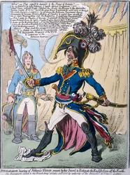 Buonaparte hört von Nelsons Sieg und schwört bei seinem Schwert, die Engländer von der Erde zu vertreiben, veröffentlicht von Hannah Humphrey im Jahr 1798